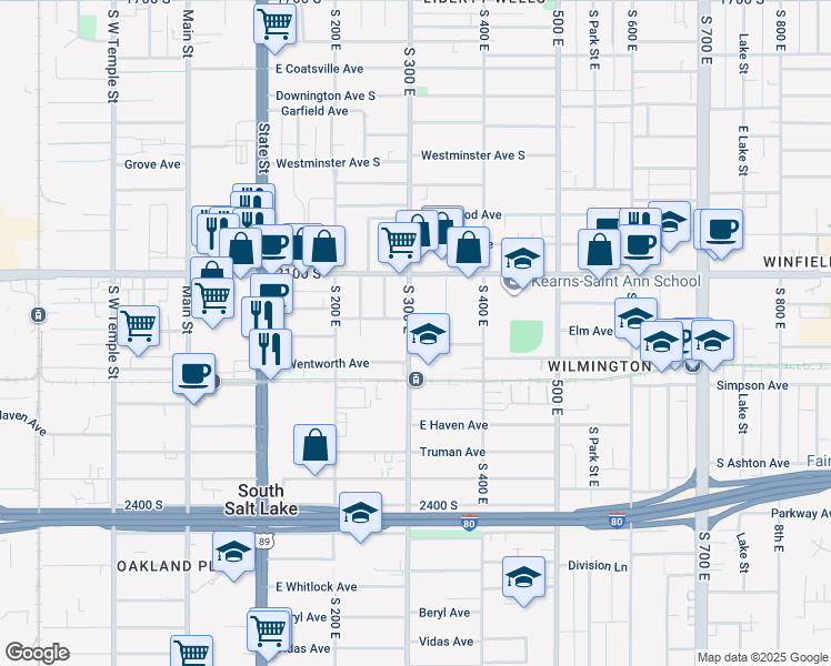 map of restaurants, bars, coffee shops, grocery stores, and more near 315 East Utopia Avenue in Salt Lake City