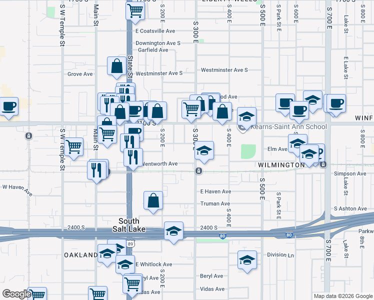 map of restaurants, bars, coffee shops, grocery stores, and more near 2174 South 300 East in Salt Lake City