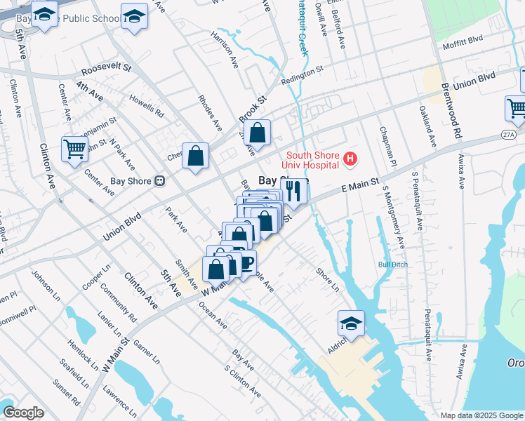map of restaurants, bars, coffee shops, grocery stores, and more near 10 Shore Lane in Bay Shore