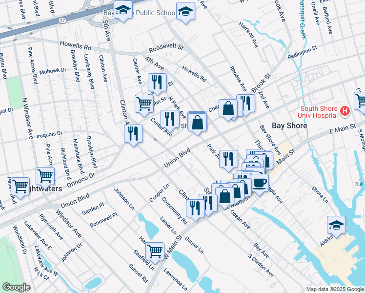 map of restaurants, bars, coffee shops, grocery stores, and more near 81 5th Avenue in Bay Shore