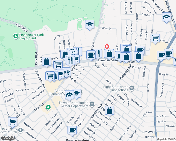 map of restaurants, bars, coffee shops, grocery stores, and more near 2101 Lincoln Avenue in East Meadow