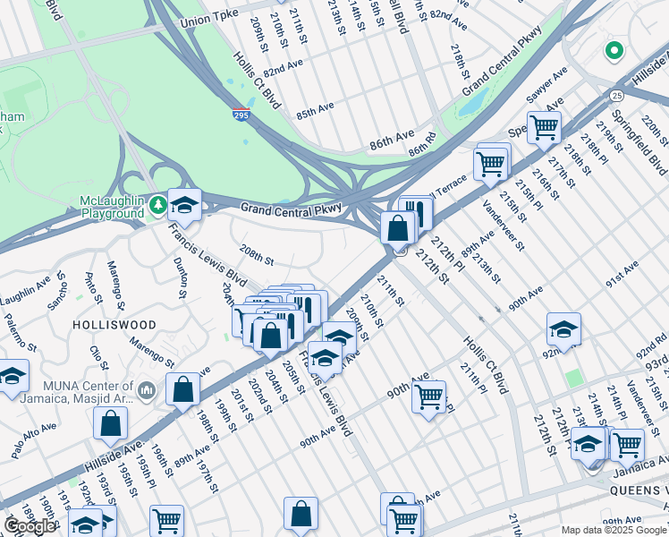map of restaurants, bars, coffee shops, grocery stores, and more near 209-11 Whitehall Terrace in Queens