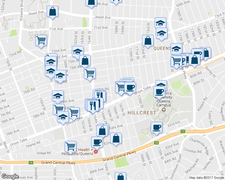 map of restaurants, bars, coffee shops, grocery stores, and more near 77-28 167th Street in Queens