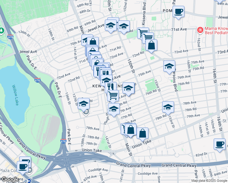 map of restaurants, bars, coffee shops, grocery stores, and more near 144-16 75th Road in Queens