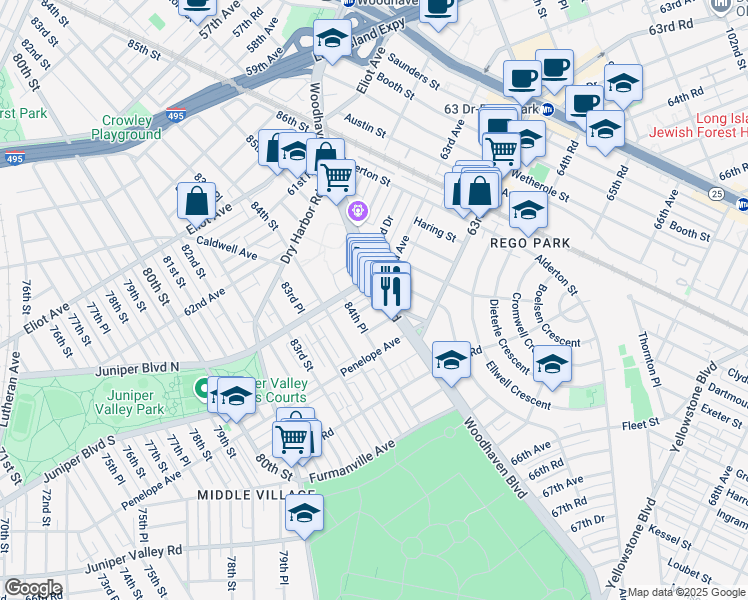 map of restaurants, bars, coffee shops, grocery stores, and more near 63-30 Woodhaven Boulevard in Queens