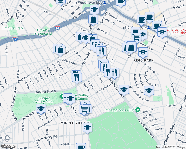 map of restaurants, bars, coffee shops, grocery stores, and more near 84-18 63rd Avenue in Queens