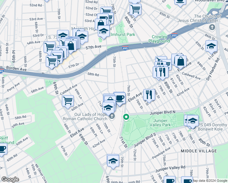 map of restaurants, bars, coffee shops, grocery stores, and more near 60-41 75th Street in Queens