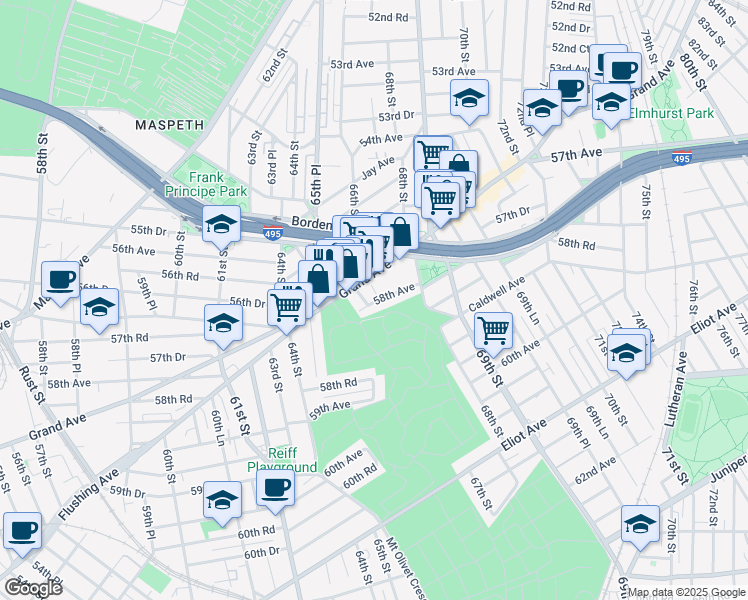 map of restaurants, bars, coffee shops, grocery stores, and more near 66-16 58th Avenue in Queens