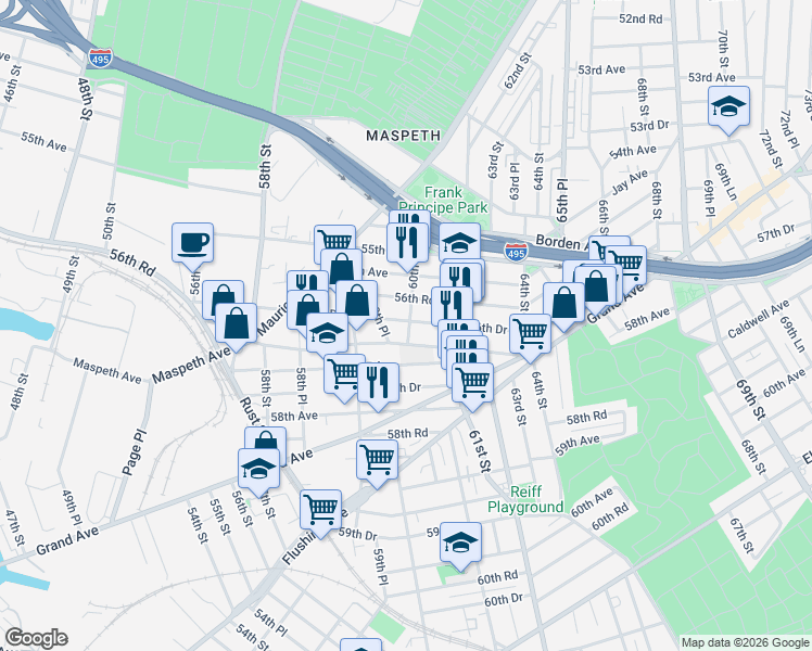 map of restaurants, bars, coffee shops, grocery stores, and more near 56-64 60th Street in Queens