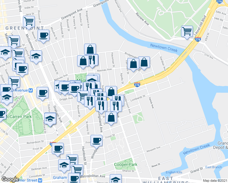 map of restaurants, bars, coffee shops, grocery stores, and more near 23 Driggs Avenue in Brooklyn