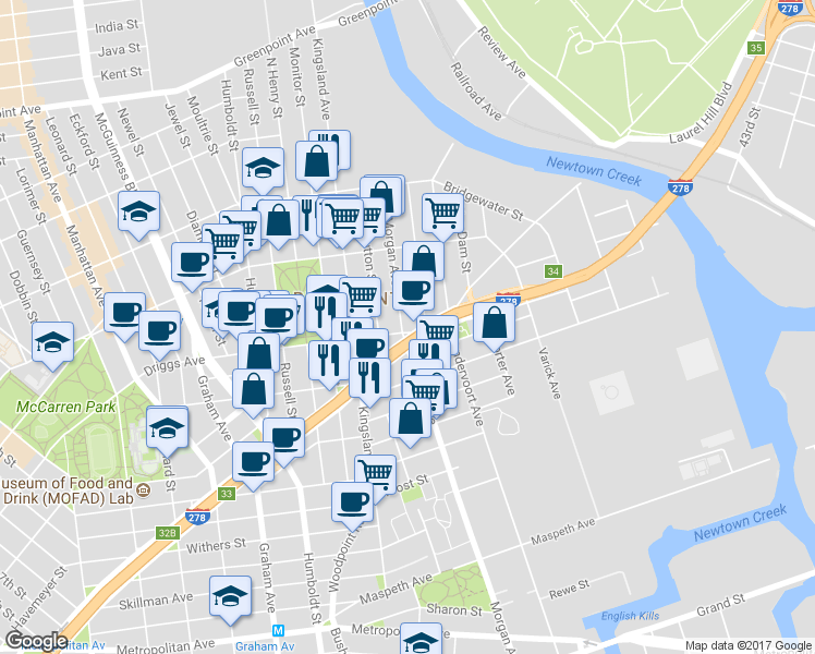 map of restaurants, bars, coffee shops, grocery stores, and more near 23 Driggs Avenue in Brooklyn
