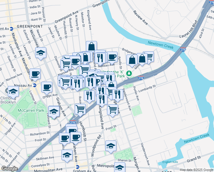 map of restaurants, bars, coffee shops, grocery stores, and more near 23 Driggs Avenue in Brooklyn
