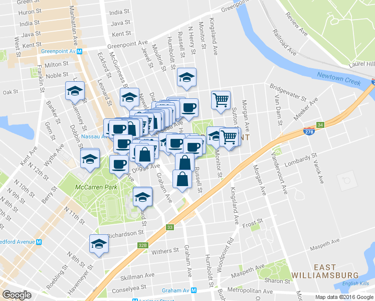map of restaurants, bars, coffee shops, grocery stores, and more near 160 Driggs Avenue in Brooklyn