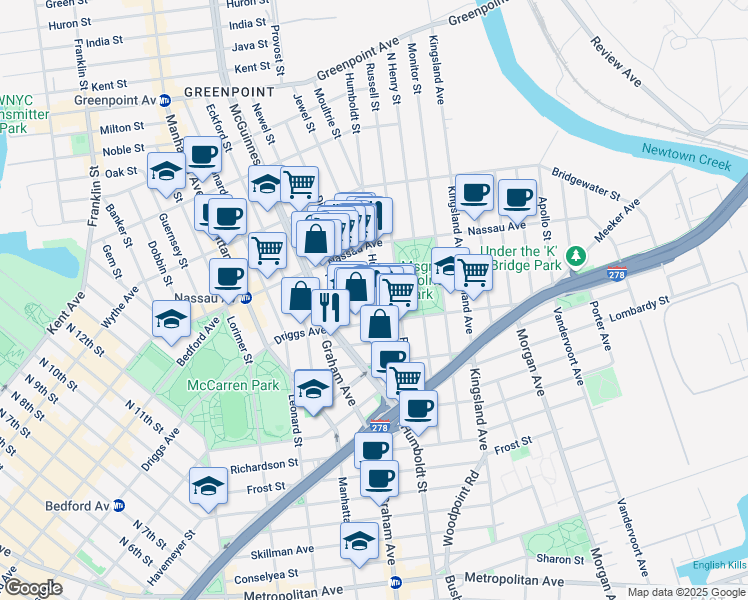 map of restaurants, bars, coffee shops, grocery stores, and more near 160 Driggs Avenue in Brooklyn