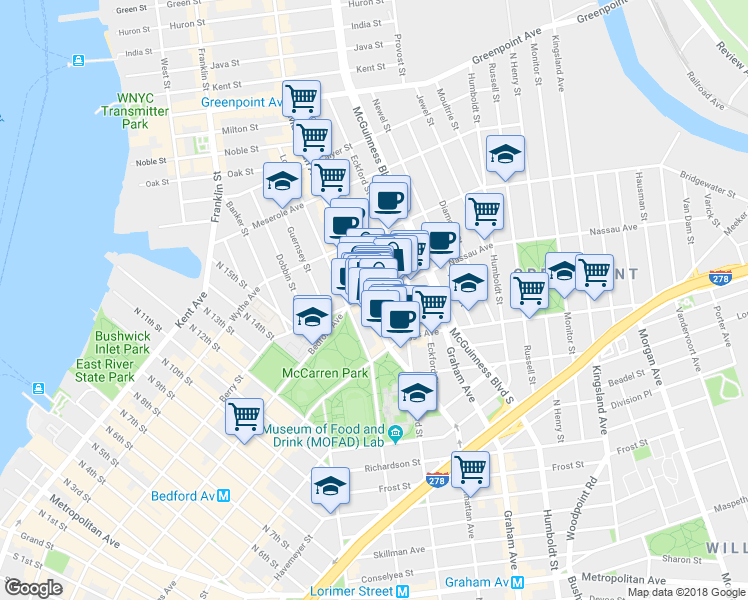map of restaurants, bars, coffee shops, grocery stores, and more near 545 Leonard Street in Brooklyn