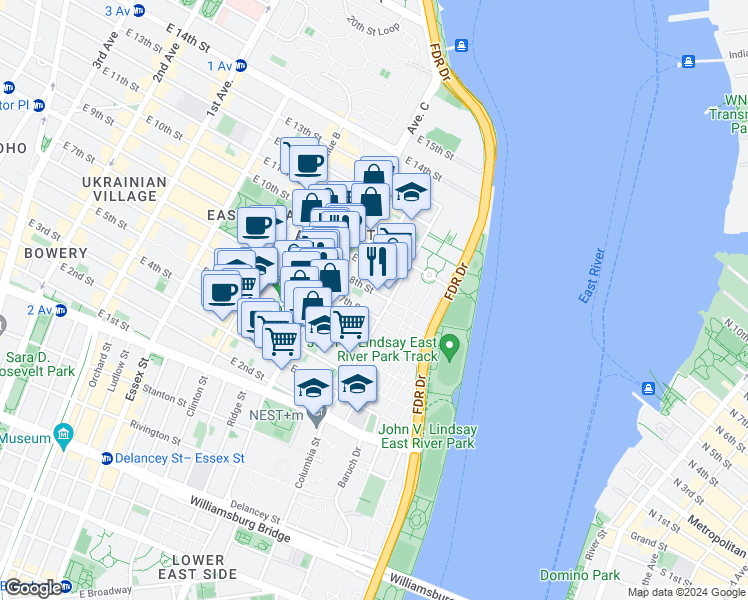 map of restaurants, bars, coffee shops, grocery stores, and more near 273 East 7th Street in New York