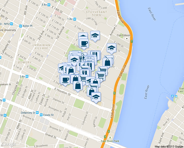 map of restaurants, bars, coffee shops, grocery stores, and more near 19 Loisaida Avenue in New York