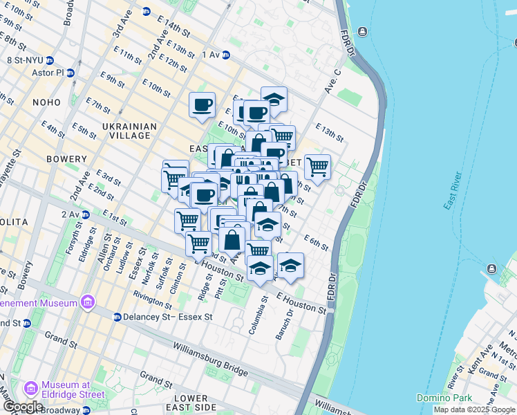 map of restaurants, bars, coffee shops, grocery stores, and more near 99-103 Loisaida Avenue in New York