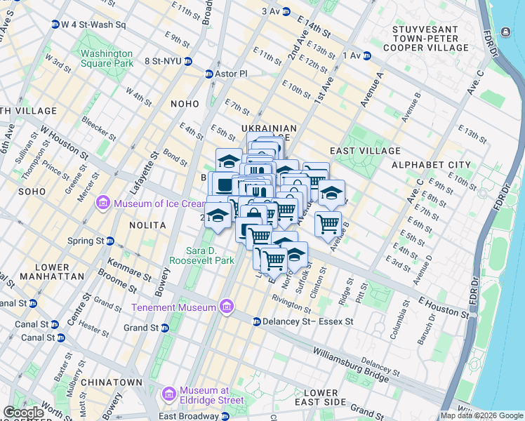 map of restaurants, bars, coffee shops, grocery stores, and more near 105 East 2nd Street in New York