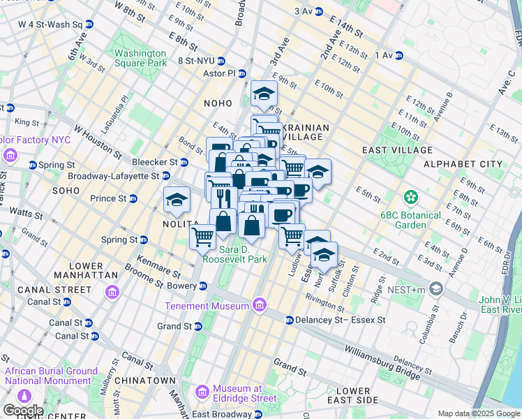 map of restaurants, bars, coffee shops, grocery stores, and more near 145 East Houston Street in New York