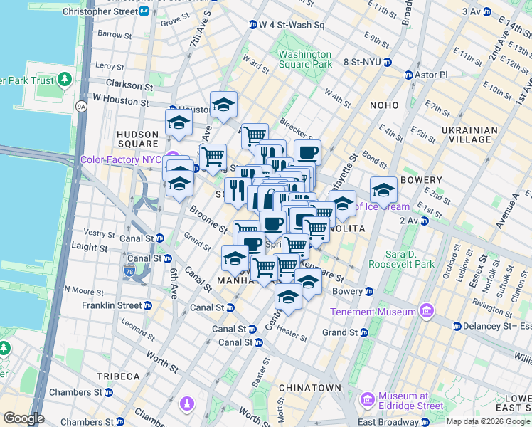 map of restaurants, bars, coffee shops, grocery stores, and more near 525 Broadway in New York