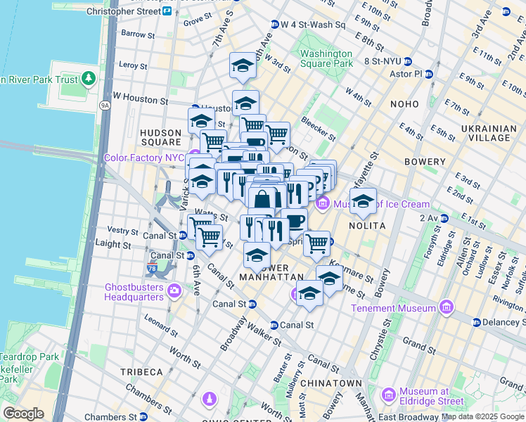 map of restaurants, bars, coffee shops, grocery stores, and more near in New York