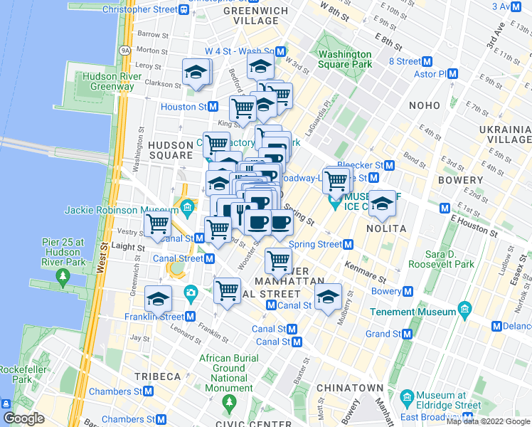 map of restaurants, bars, coffee shops, grocery stores, and more near 418 Broome Street in New York