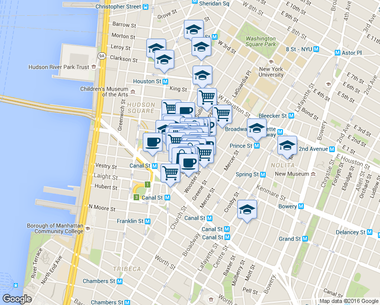map of restaurants, bars, coffee shops, grocery stores, and more near 140 6th Avenue in New York