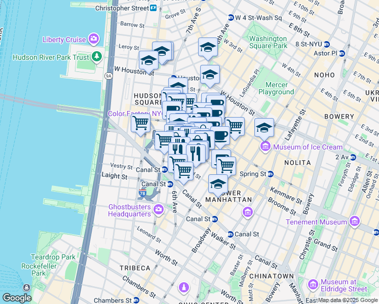 map of restaurants, bars, coffee shops, grocery stores, and more near 140 6th Avenue in New York
