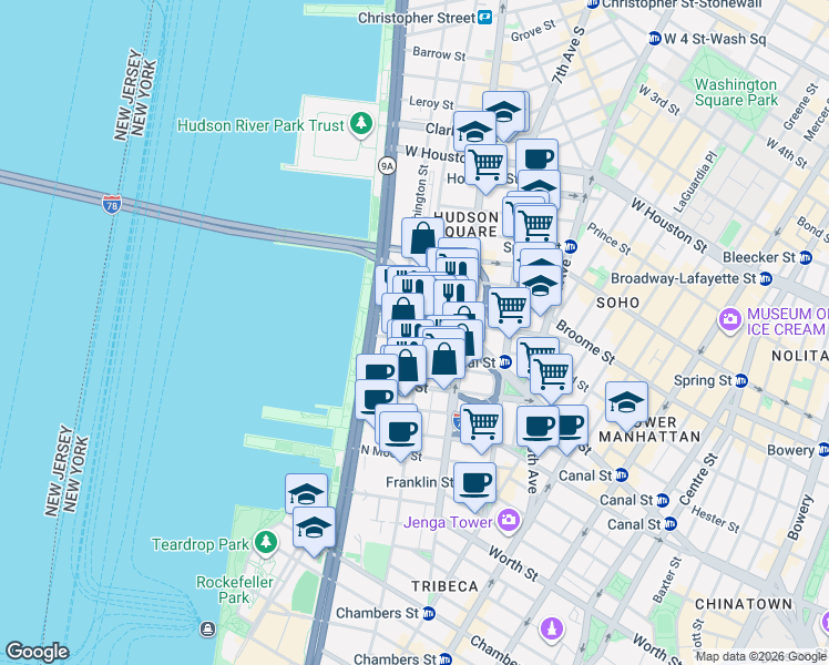 map of restaurants, bars, coffee shops, grocery stores, and more near in New York