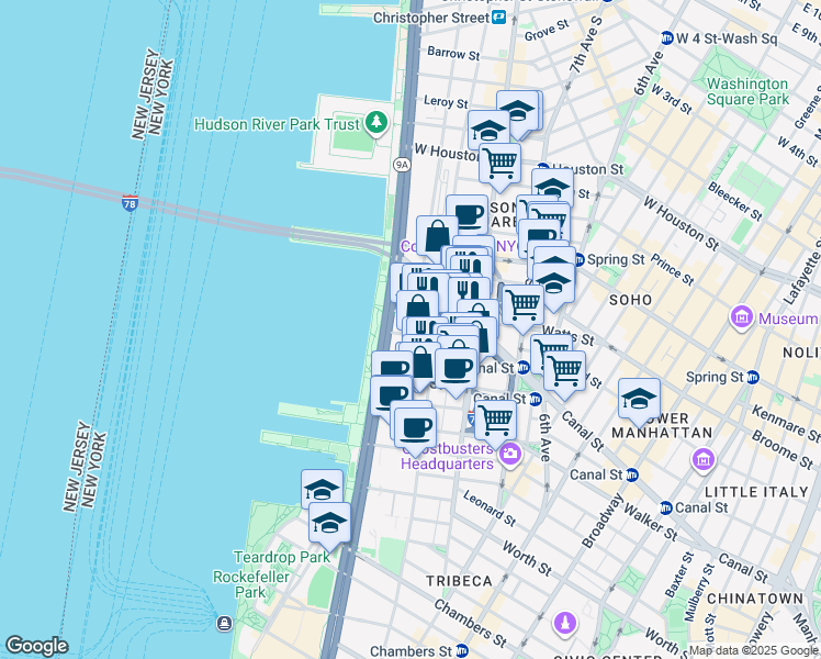 map of restaurants, bars, coffee shops, grocery stores, and more near in New York