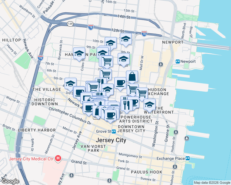 map of restaurants, bars, coffee shops, grocery stores, and more near 204 3rd Street in Jersey City
