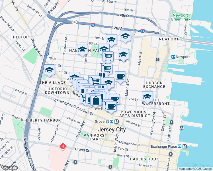 map of restaurants, bars, coffee shops, grocery stores, and more near 234 3rd Street in Jersey City