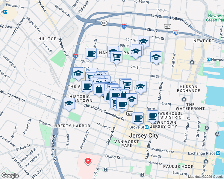 map of restaurants, bars, coffee shops, grocery stores, and more near 49 Coles Street in Jersey City