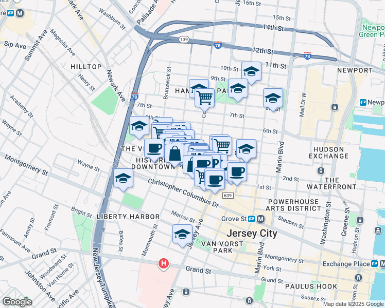 map of restaurants, bars, coffee shops, grocery stores, and more near 49 Coles Street in Jersey City
