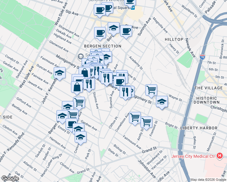 map of restaurants, bars, coffee shops, grocery stores, and more near 246 Summit Avenue in Jersey City