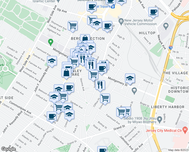 map of restaurants, bars, coffee shops, grocery stores, and more near 246 Summit Avenue in Jersey City