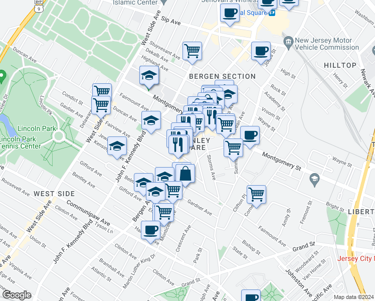 map of restaurants, bars, coffee shops, grocery stores, and more near in Jersey City