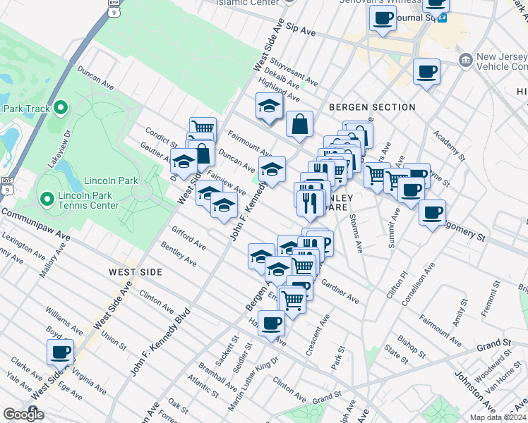map of restaurants, bars, coffee shops, grocery stores, and more near 103 Fairview Avenue in Jersey City