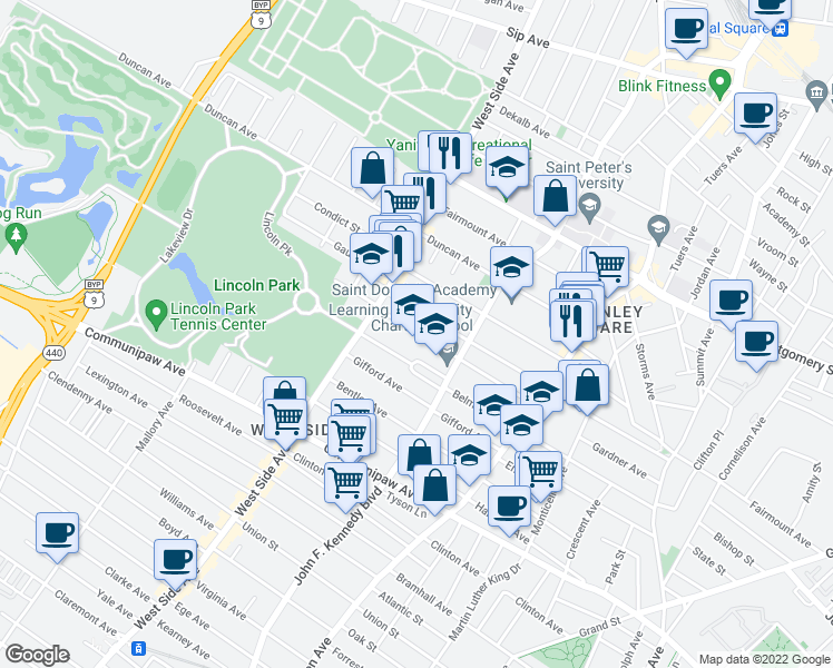map of restaurants, bars, coffee shops, grocery stores, and more near 94 Kensington Avenue in Jersey City