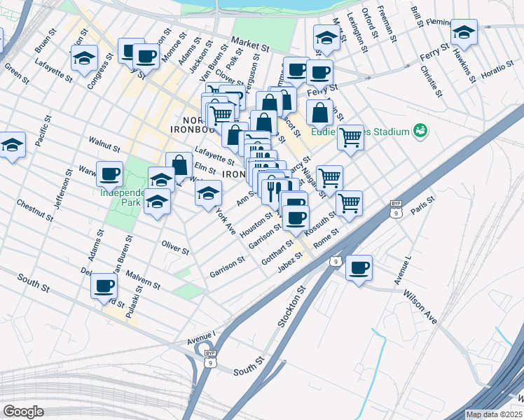 map of restaurants, bars, coffee shops, grocery stores, and more near 104 Houston Street in Newark