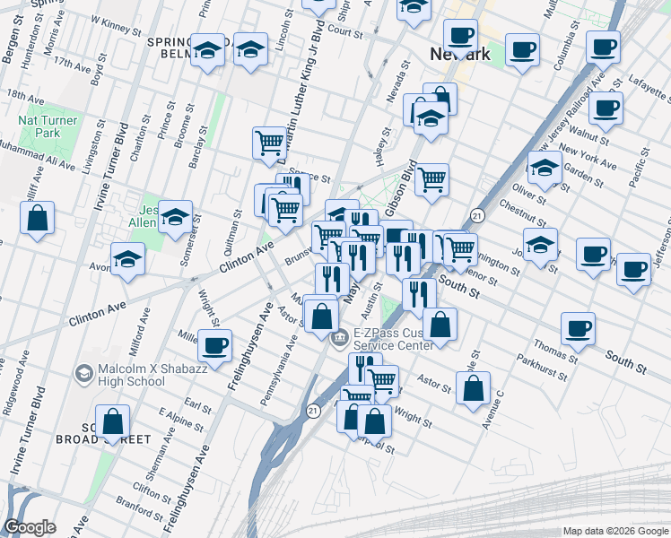 map of restaurants, bars, coffee shops, grocery stores, and more near 69 Pennsylvania Avenue in Newark