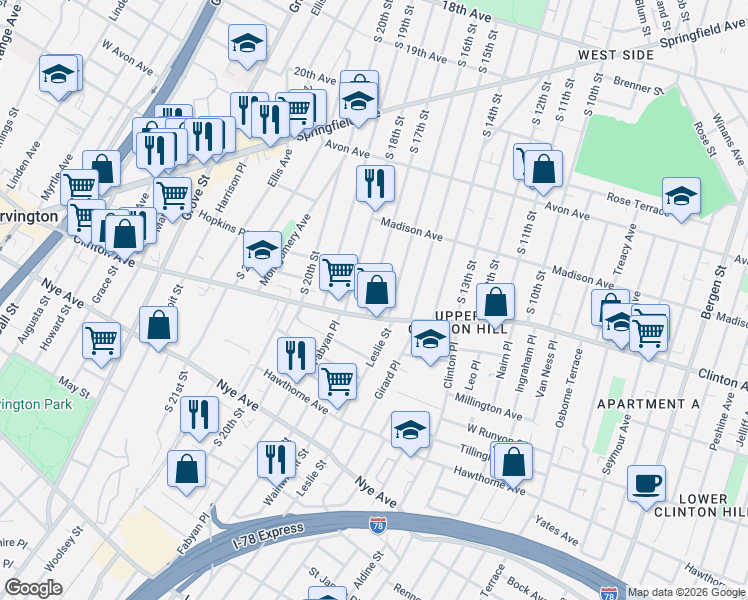 map of restaurants, bars, coffee shops, grocery stores, and more near 797-805 Clinton Avenue in Newark