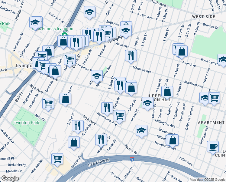 map of restaurants, bars, coffee shops, grocery stores, and more near in Newark