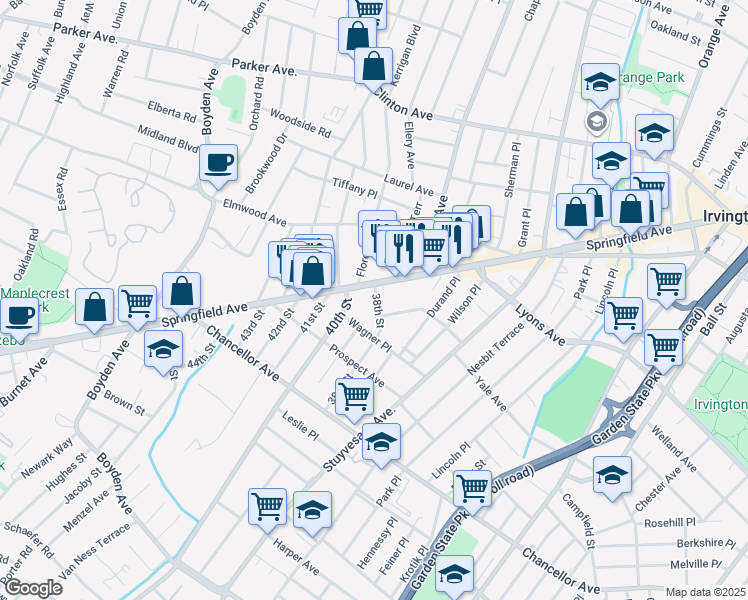map of restaurants, bars, coffee shops, grocery stores, and more near 19 38th Street in Irvington
