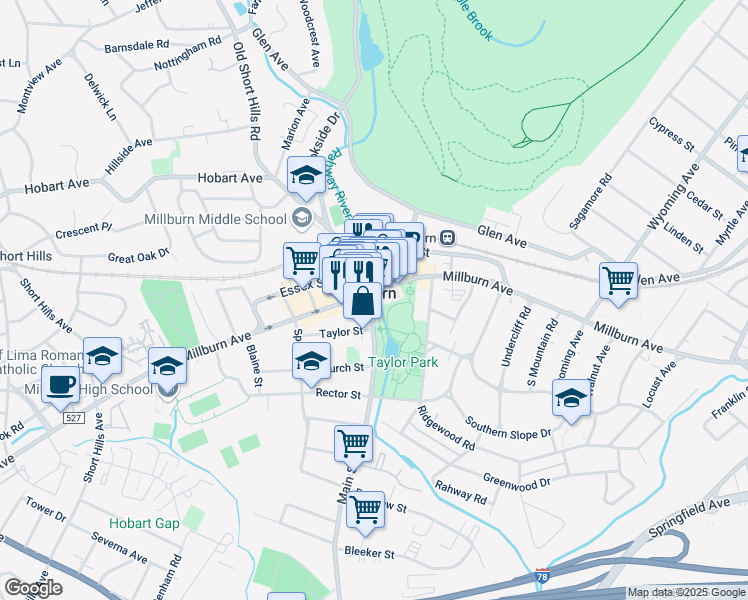 map of restaurants, bars, coffee shops, grocery stores, and more near in Millburn
