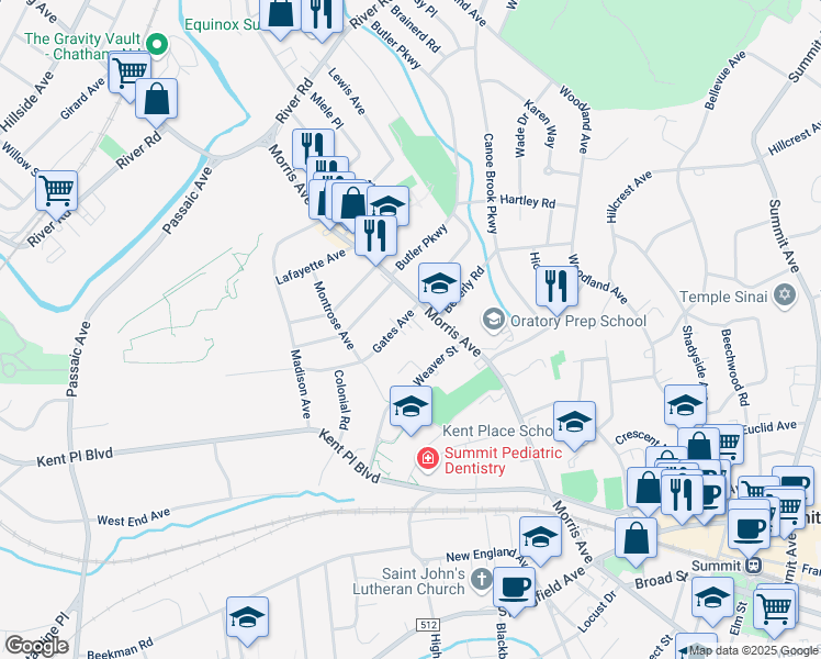 map of restaurants, bars, coffee shops, grocery stores, and more near 10A Gates Avenue in Summit