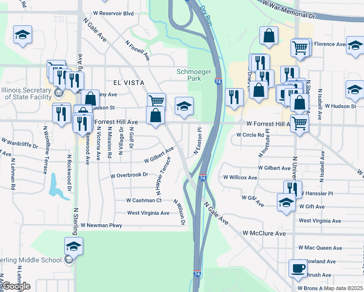 map of restaurants, bars, coffee shops, grocery stores, and more near 1908 West Gilbert Avenue in Peoria