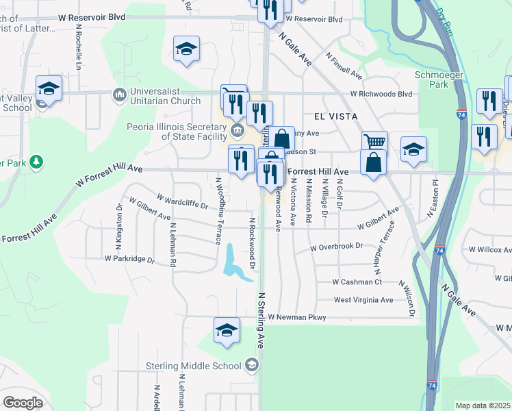 map of restaurants, bars, coffee shops, grocery stores, and more near 2920 North Rockwood Drive in Peoria