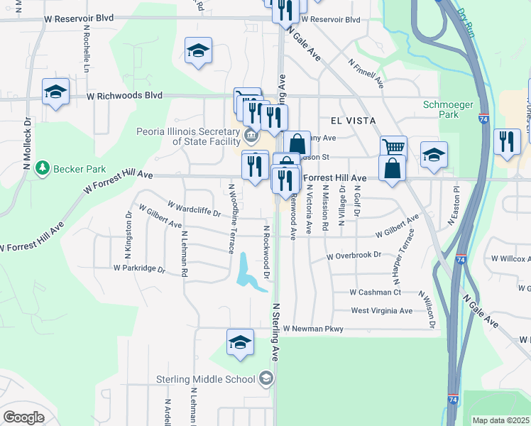 map of restaurants, bars, coffee shops, grocery stores, and more near 2920 North Rockwood Drive in Peoria